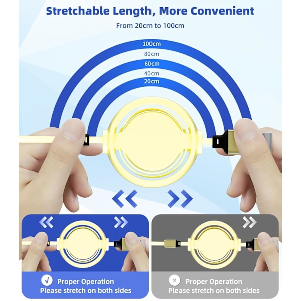 3-i-1 Retraktil Laddningskabel [3A, 1m] Multi USB-kabel Snabbladdare för Telefon, Samsung, iPad, Surfplattor, Switch och Mer Yellow