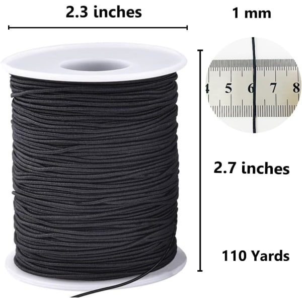 Elastisk snor til armbånd, 1 mm x 110 meter robust, strækbar elastisk snor til smykkefremstilling, halskæder, perlearbejde - sort Black and White