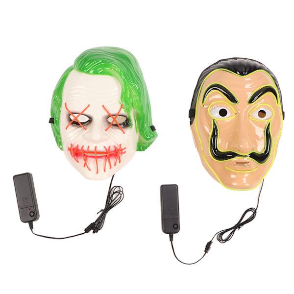 2 stk. LED ansigtsmaske 3 lystilstande El sikker behagelig lysende Halloween ansigtsmaske til fest
