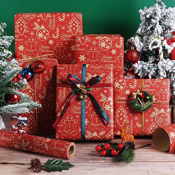 Röd Kraft Julklappspappersrulle 17\"x33Ft Pepparkaka Polkagris red - gingerbread man