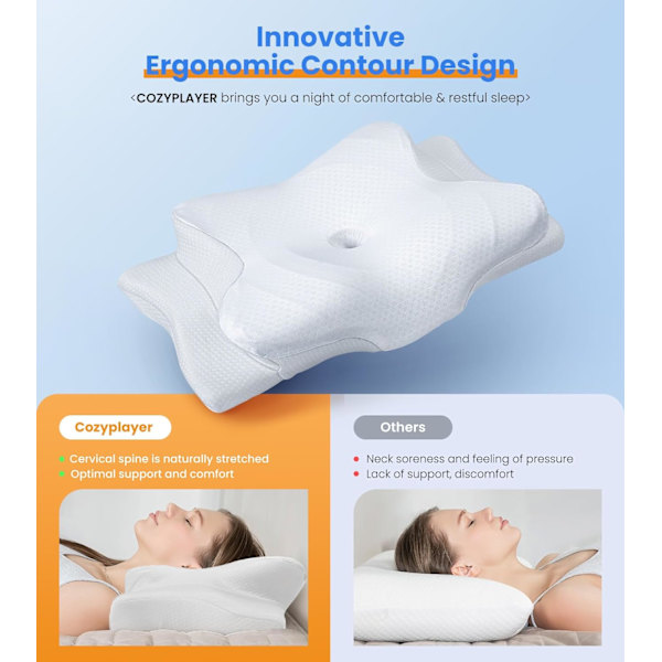 Ultra smärtlindrande kylkudde för nackstöd, justerbar nackkudde mysig sömn, luktfri ergonomisk kontur minnesskumkuddar, ortoped White