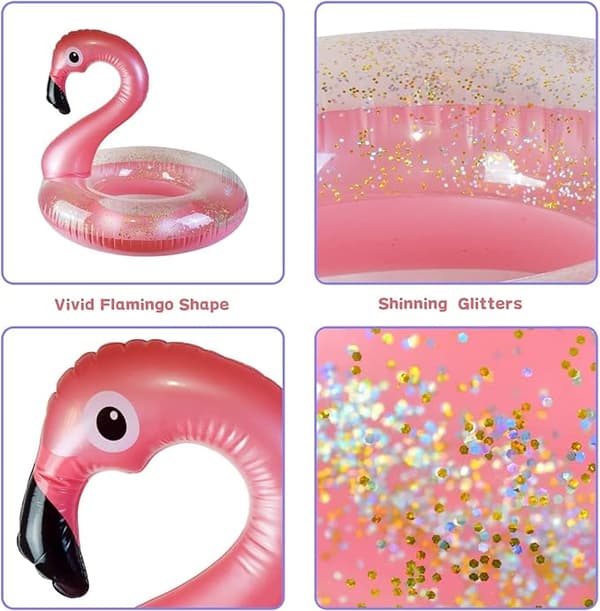 Flamingo Glitter Oppblåsbar Badering - Badeleke for voksne og barn til bassengfester
