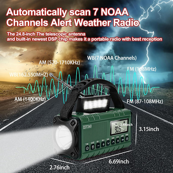 Nødradio, NOAA Vejrvarsling, Sol- og håndsving AM/FM Radio til overlevelse, 10000MAH Genopladelig Batteridrevet Radio, Ur SOS Alarm & Lommelygte Green