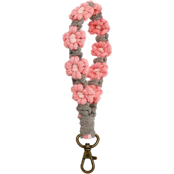 Macrame nyckelring handgjord handledsrem nyckel handledsband för nycklar söt blomma nyckelring nyckelring för kvinnor Pink Grey
