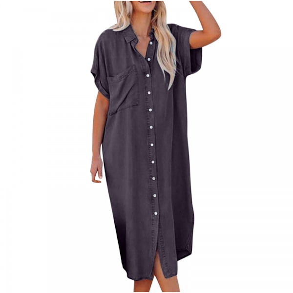 Mekko Lyhyt Hiha V-Kaula Casual Paidan Mekot(Musta Harmaa S)