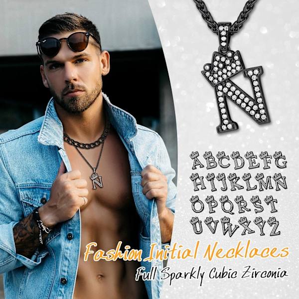 Kruunun alkukirjain A-Z kaulakoru, jäädytetty kirjainriipus 22-24 tuuman ketjulla, miehet naiset Bling Hip Hop aakkoset nimi korut lahja suuret alkukirjaimet kaulakorut N Black
