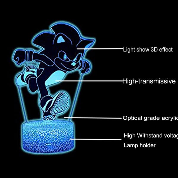 3D Illusjon Sonic The Hedgehog Nattlys, Anime Bordlampe