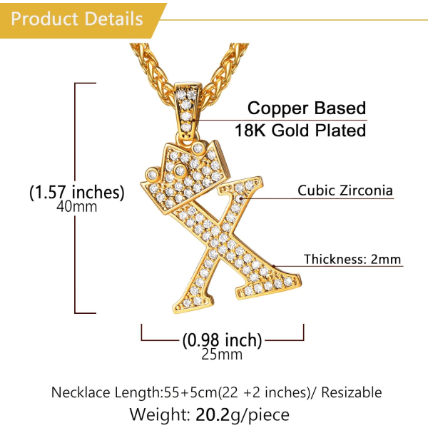 Krone Initial A-Z Halskjede, Iced Out Bokstavanheng med 22-24 Tommers Kjede, Menn Kvinner Bling Hip Hop Alfabet Navn Smykker Gave Store Initialer Halskjeder X 18K Gold