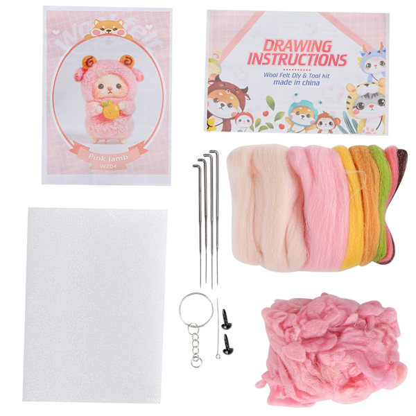 Nålfiltning Färgglad Fårdocka DIY Tillverkningsmaterialpaket med Ritningar och Poke Tool204# Rosa