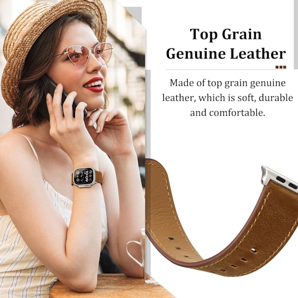 Kompatibel med Apple Watch Armband 49mm/46mm/45mm/44mm/42mm för Män Kvinnor, Äkta Läderarmband av Högsta Kvalitet för iWatch Ultra 2/1 Retro Brown/Titanium