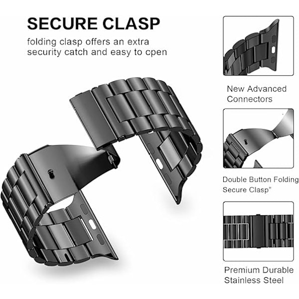 316L Kirurgisk Rustfrit Stål Apple Watch Rem, Ridse-/Vandafvisende, Passer til Series Ultra, Størrelser 49mm, til Business Casual Black