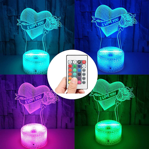 3D Jag Älskar Dig Illusionslampa, 16 Färgväxlande Lägen RGB Nattlampor, Smart Touch och Fjärrkontroll, Belysning för Alla Hjärtans Dag Dekorationer för Sovrummet