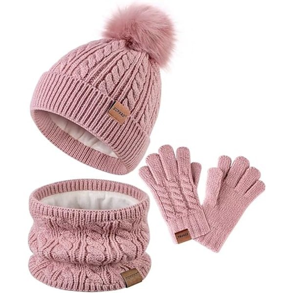 Vintermössa, Vantar och Halsduk Set för Barn, Flickor Barnmössor Beanie med Pom Pom Stickad Halsvärmare Gaiter Vantar Fleecefodrad Set Pink