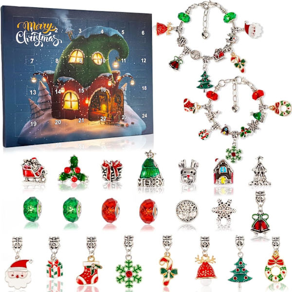 Julekalender armbånd 2024 for jenter 24 dager julekalender nedtelling DIY smykkefremstillingssett gave 22 sjarm perler 2 armbånd for barn