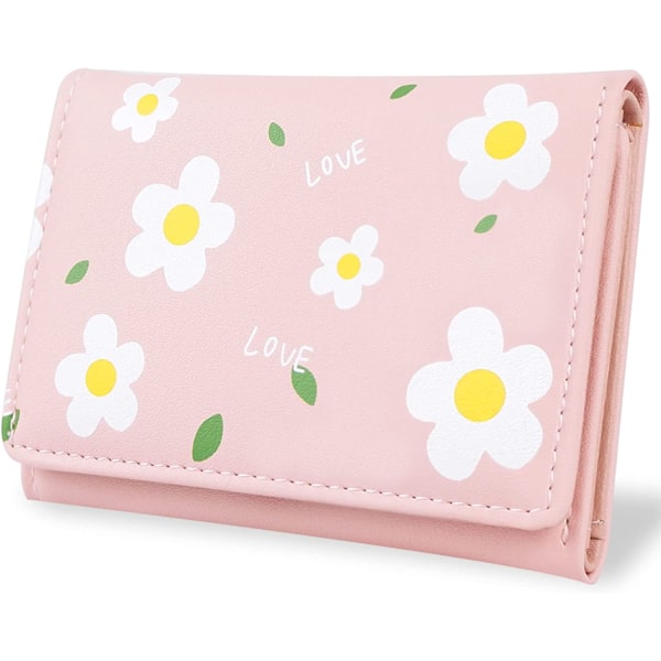 Cute Slim Womens Leather Wallet,Small RFID Blocking Trifold Wallets for Girls and Ladies with ID Window---flower pink