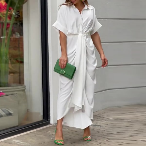 Ditsy Tie Front Button Up Boho Midi Tshirt Klänningar (Vit M)