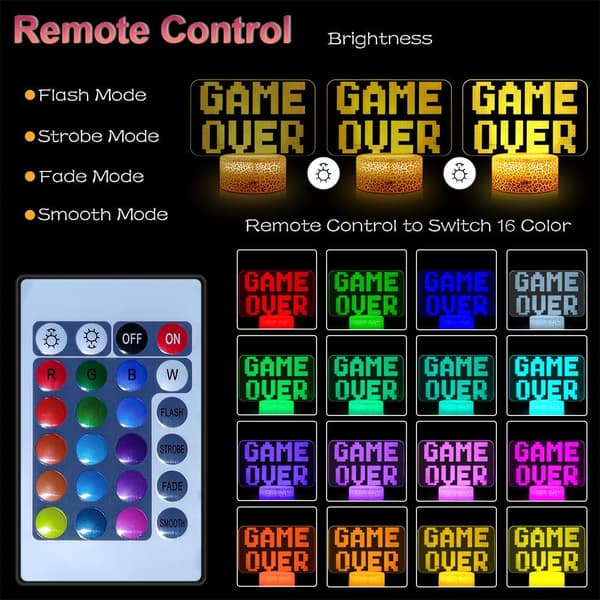 Gaming Lampe Game Over Nattlys 3D Illusjonslamper, Dimbare