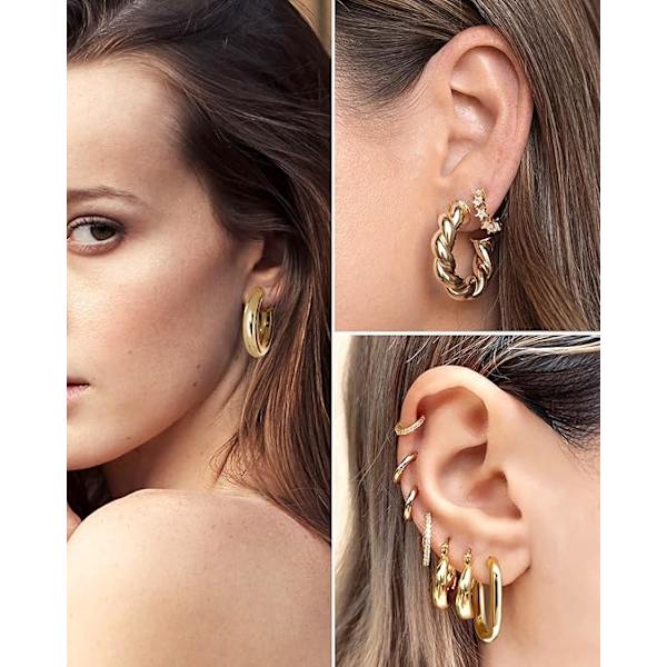 7 stk gull ørepyntsett for kvinner 14K gullbelagt klumpete ringer Twisted Huggie Hoop ørepynt for gave lett Gold