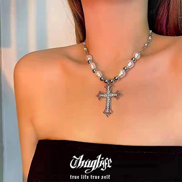Crystal Cross halsband Y2k Fairy rostfritt stål pärla Bling