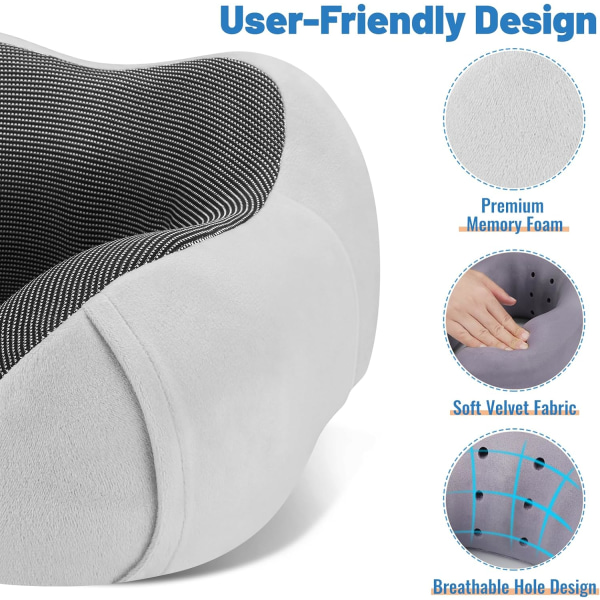 Matkatyyny Premium Memory Foam, Mukava ja tukeva niskatyyny, Niskatyynyt nukkumiseen matkustamiseen, Lentokoneen tyyny nukkumiseen lentokoneessa, Auto Black & Light Grey