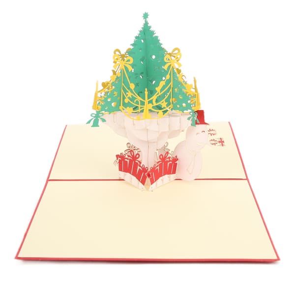 3D-julkort med snögubbe på julgran
