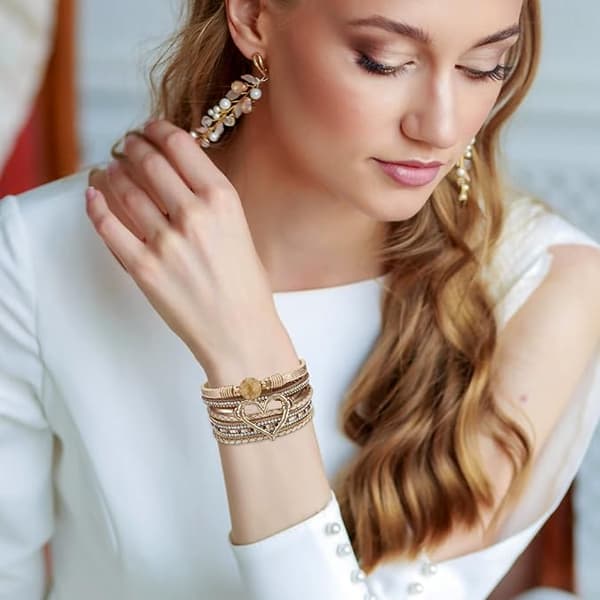 Leopard Armbånd for Kvinner, Boho Lær Wrap Multi-Layer Perle Krystall Armbånd Bangel Smykker Purple
