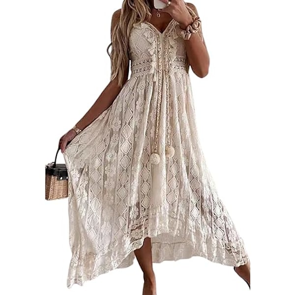 Sommerkjoler til kvinder, ærmeløs blonde, afslappet, kvast, strand, spaghetti stropper, løs, flowy maxi solkjole XL