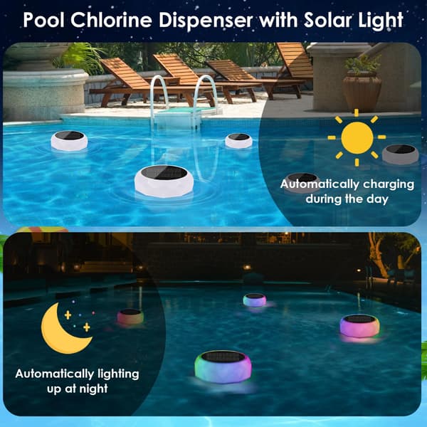 Solar klordispenser til pool med farveskiftende lys, rummer op til 5 tabletter for nemmere vedligeholdelse, forbedrer lys atmosfære