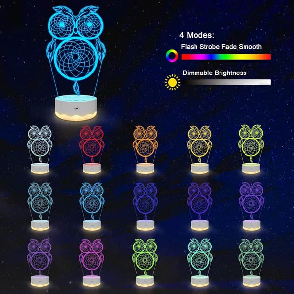 Lysende Ugle Drømmefangersett, Dyr Fugl 3D Illusions LED Nattelys