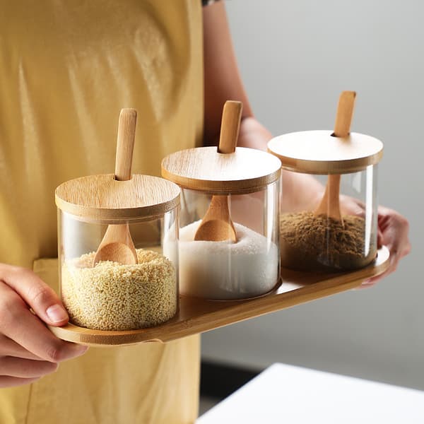 Kryddbehållare Set, gIass Kryddburkar, Salt Socker Krydda Kaffebehållare med Bambu Trälock och