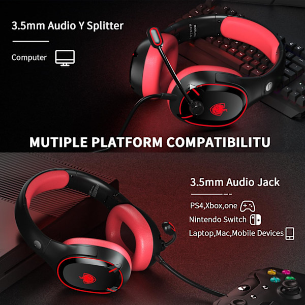 H-8 PC Gaming Headset til PS4, PS5, Controller, Xbox One Headset med stereolyd, Over Ear-hovedtelefoner med støjreducerende mikrofon, LED-lys, lydstyrke Red