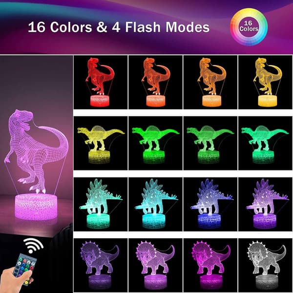Dinosaur 3D Nattlampe for Gutter 4 stk Hologram Illusjonslampe