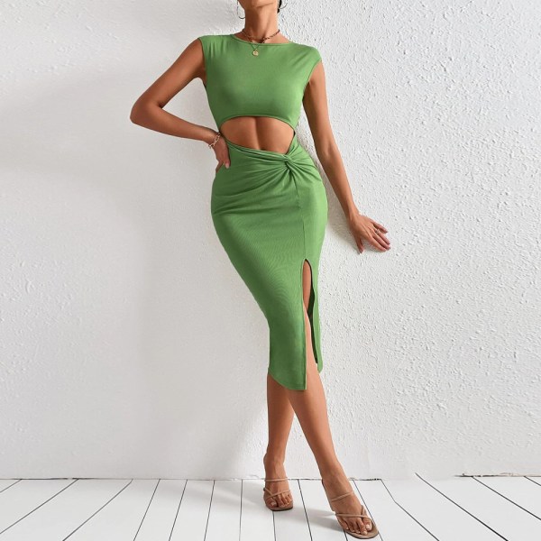Sideslids ærmeløs strikket udskæring tanktop kjole (grøn XL)