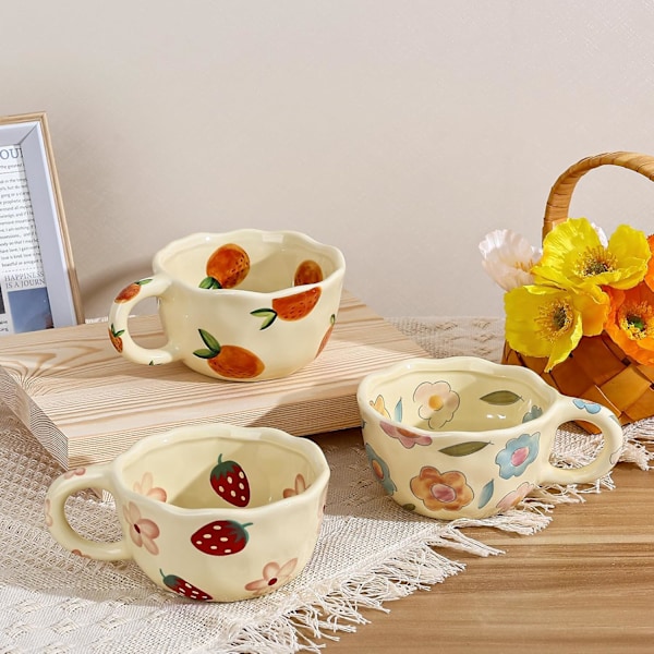Keramisk kaffemugg, söt blommig fruktkopp, parmuggar 250 ml för Latte Te Mjölk, lämplig för mamma på mors dag Cream Yellow