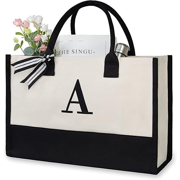 Broderad initial canvas tote väska, personlig presentpåse, lämplig för bröllop, födelsedag, strand, semester, en bra present till kvinnor, mamma, vänner A