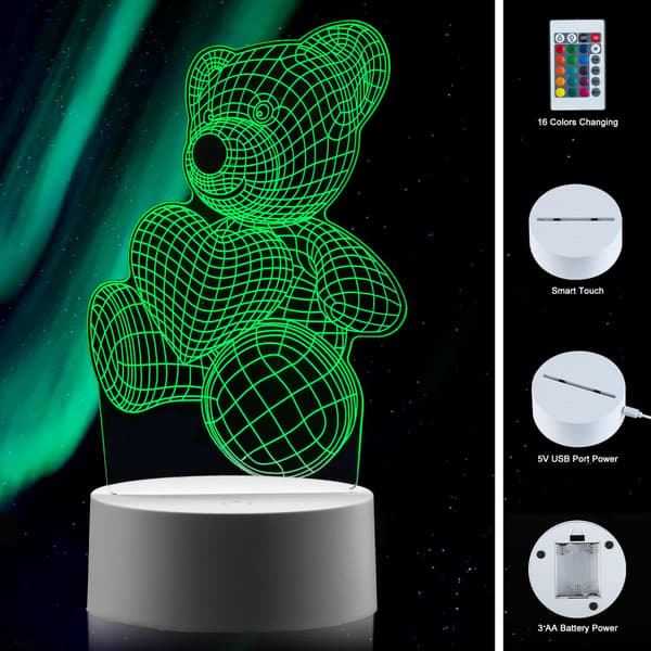 3D Nattlys Teddybjørn LED Illusjonslampe for Barn og Kjærlighet