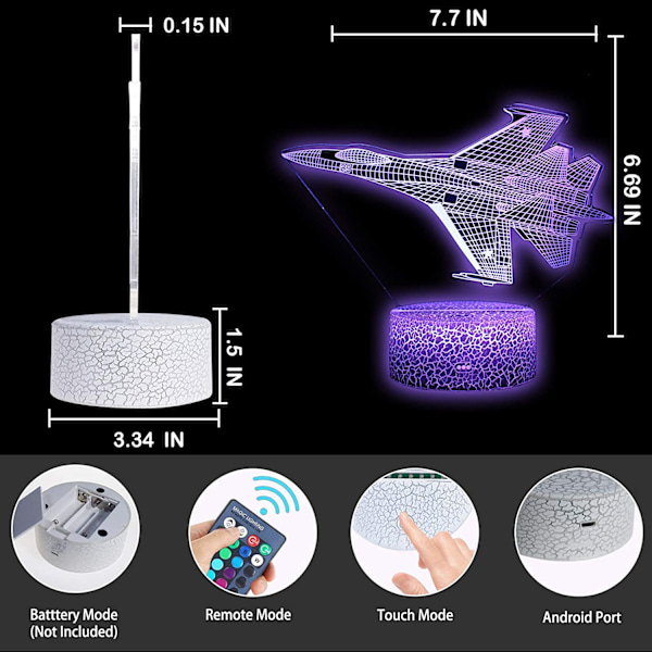 Jagerfly 3D Illusionslampe Flyplass Soverom Dekor Nattelys Fjernkontroll Gaver til Menn, Barn, Gutter, Jenter, Fedre, Tenåringer