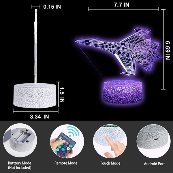 Stridsflygplan 3D Illusion Lampa Flygplan Sovrumsdekoration Nattlampa Fjärrkontroll Presenter till Män, Barn, Pojkar, Flickor, Fäder, Tonåringar