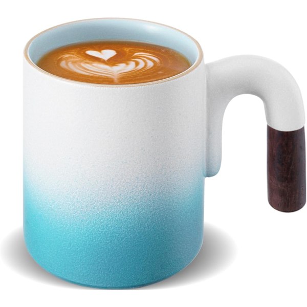 Vintage Kaffekrus - 414 ml Latte Kop med Træhåndtag til Cappuccino Latte Art Drikkevarer Elegant Keramisk Te- og Kaffekrus Sød Idé Blue and White