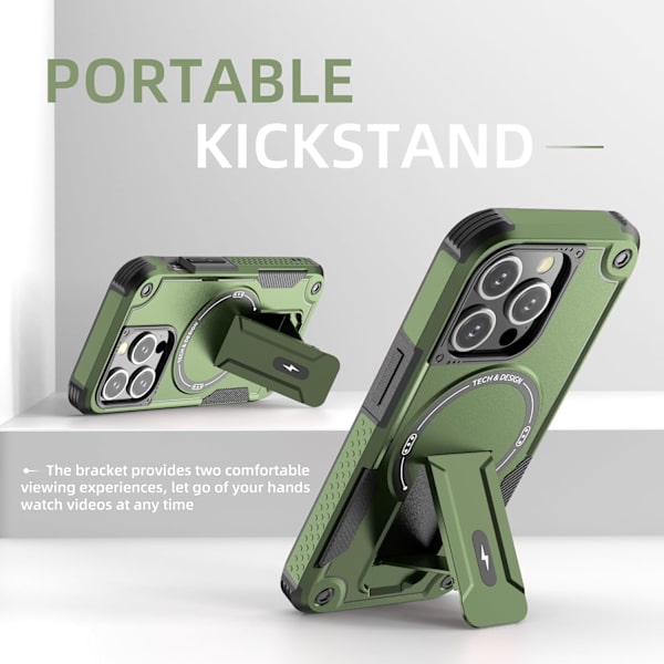 Magnetiskt iPhone-fodral med stativ, kompatibelt med MagSafe, robust inbyggt stativ, militärklassat fallskydd stötsäkert för iPhone Green iPhone 15 Plus