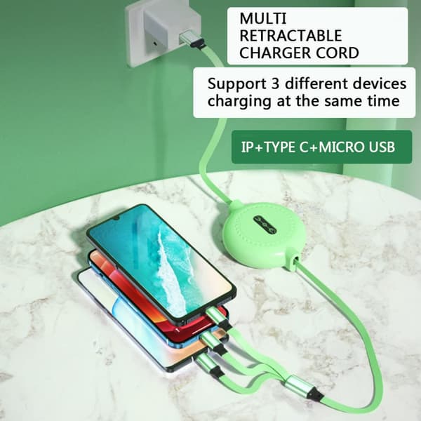 Uttrekkbar ladekabel, 3 i 1 Multi USB hurtiglader