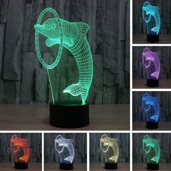 3D Illusion Dolphin LED Nattlampa, 7 Färger Gradvis Ch