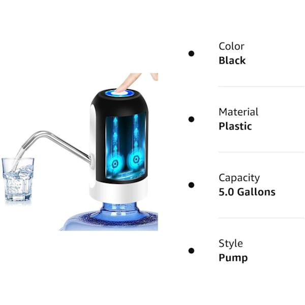 Automatisk drikkevannspumpe, USB-lading, bærbar elektrisk vanndispenser på/av-bryter, for 5 gallon (ca. 15,7 liter) universalflaske Black