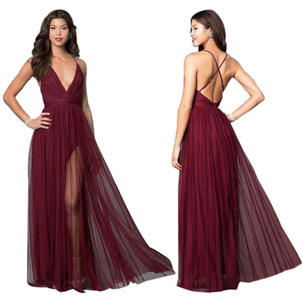 nt Open Back Mesh Flowing Slim Waist Sling Kjole (Vinrød S)