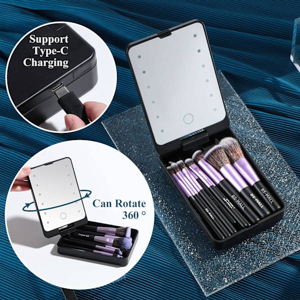 Resesminkborste Set Foundation Puder Concealers Ögonskuggor Makeup Set med LED-ljus Spegel 14 st Purple