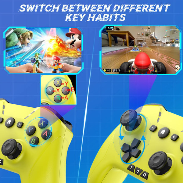 Bluetooth-ohjain Switchille/Macille/PC:lle/Steamille/Mobiilipuhelimelle/iOS:lle/Androidille//TV:lle/iPadille/Tabletille/Apple Arcade MFi -peleille, Switch Pro -ohjain langattomalla Adju:lla Yellow