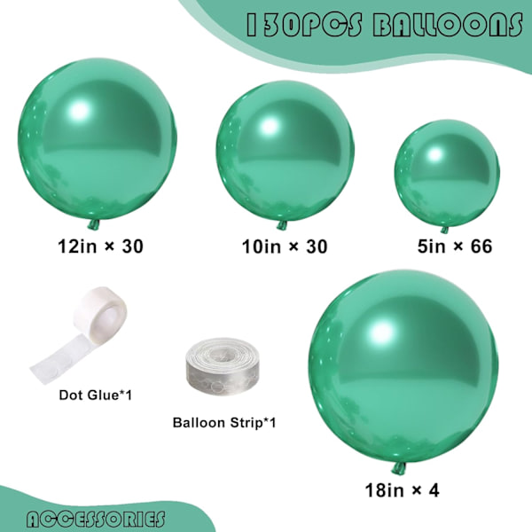 130 stk. metalliske grønne balloner i forskellige størrelser 18\" 12\" 10\" 5\" ballonbue guirlande sæt perfekt til fødselsdagsfest, dimission, babyshower, bryllup, Metallic Green