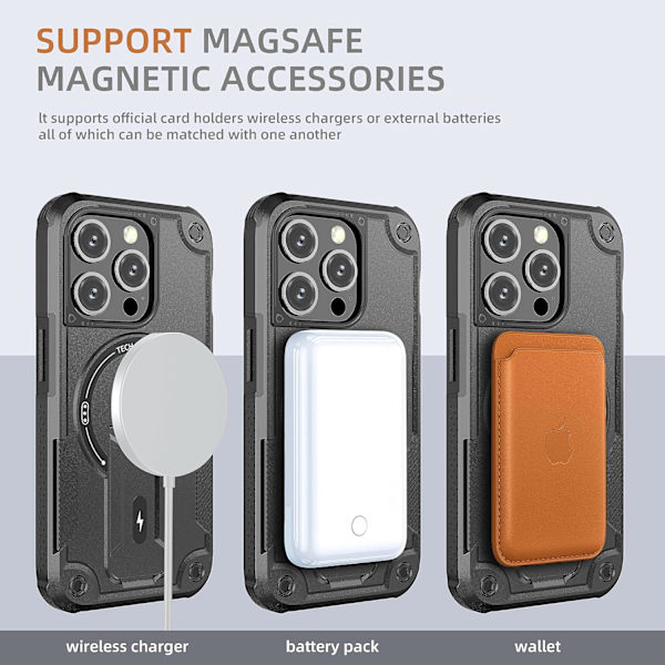 Magnetiskt iPhone-fodral med stativ, kompatibelt med MagSafe, robust inbyggt stativ, militärklassat fallskydd stötsäkert för iPhone Black iPhone 15 Pro Max