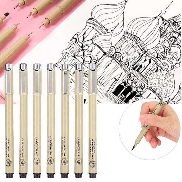 Fineliner Pen Set Vattentät Bleksäker Svart Linje Ritning Konst Serieteckning Skiss Penna 7 st