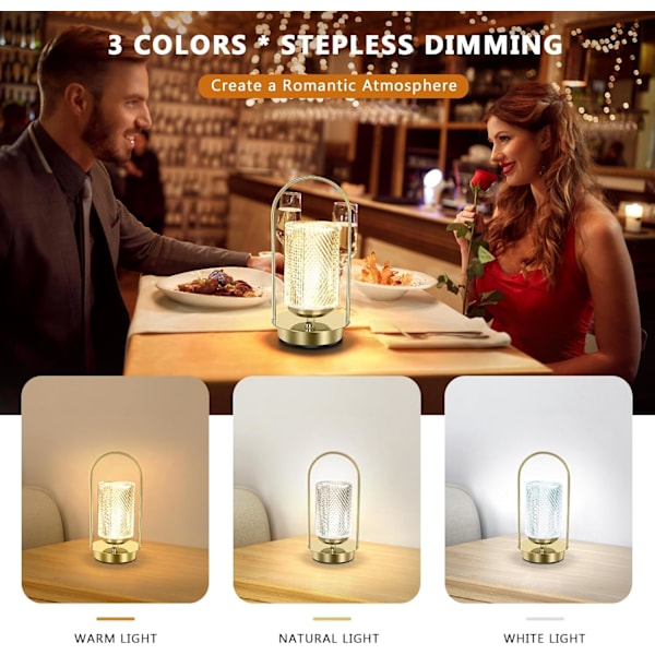 Krystalllampe, Bærbar Bordlampe Dimbar og USB-C Ladingsporter, Romantisk LED Diamant Berøringslamper, Julepynt Atmosfærisk Lysgave